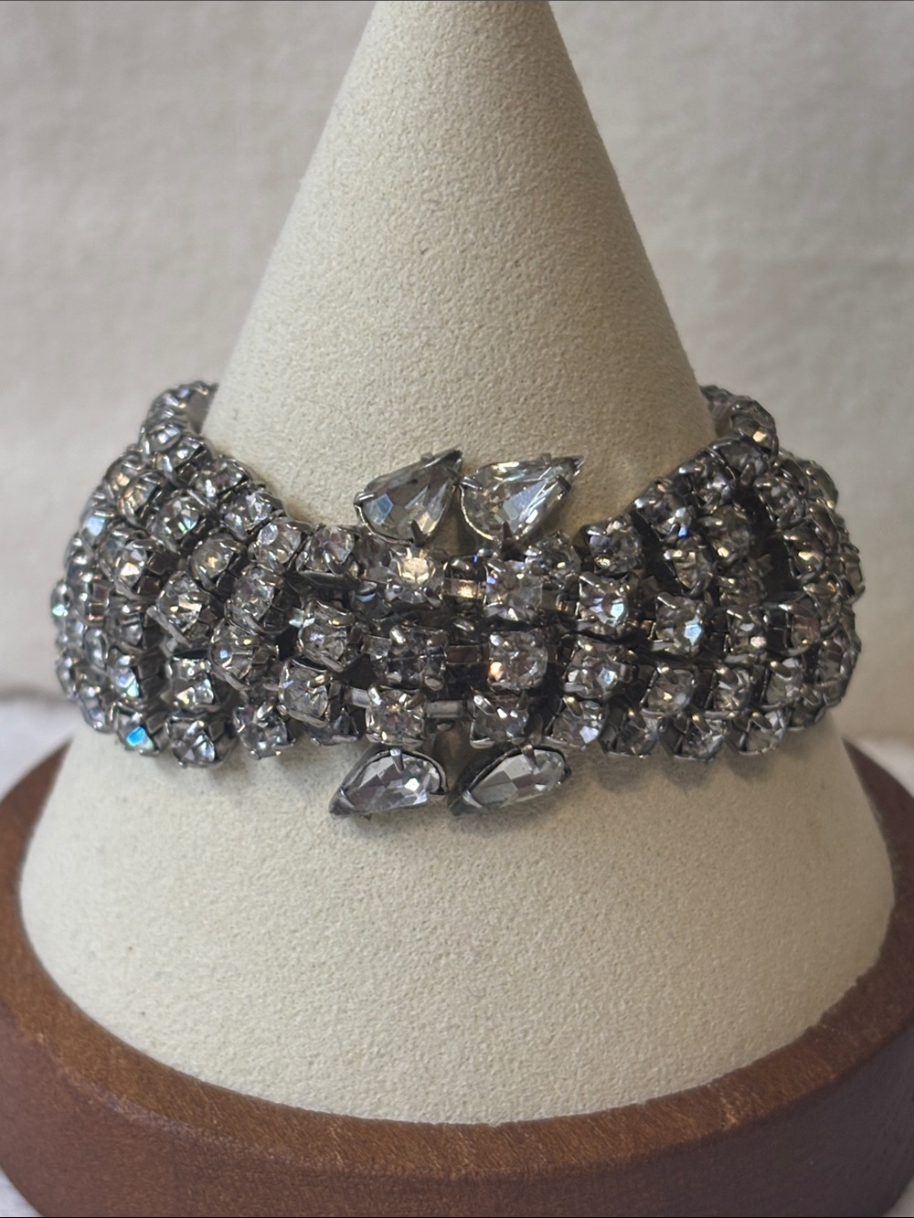 Vintage Rhinestone Wide Silver Tone Bracelet